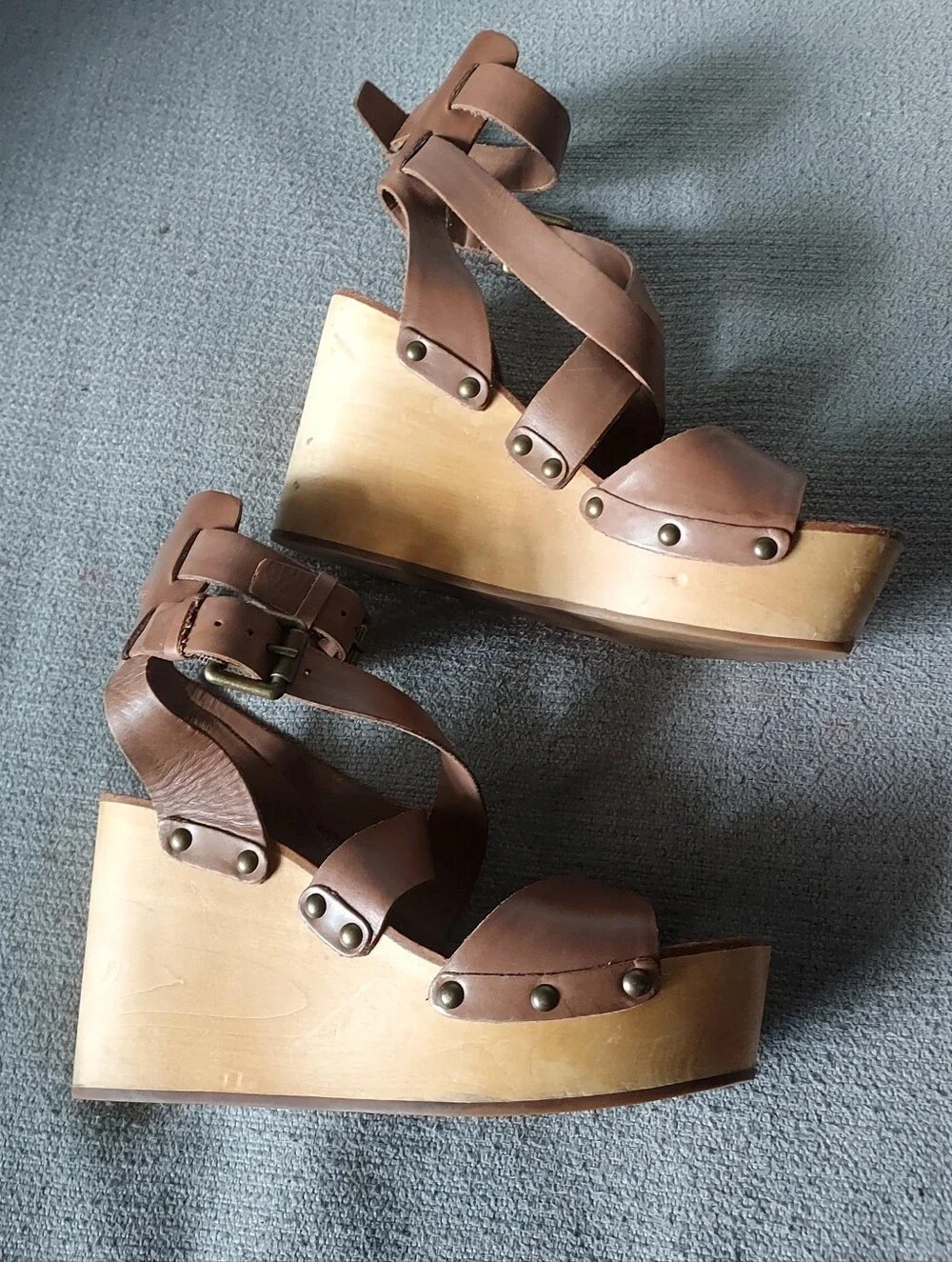 ASH Brown Leather Wooded Platform Wedge Sandals Sz 39/8.5-9
